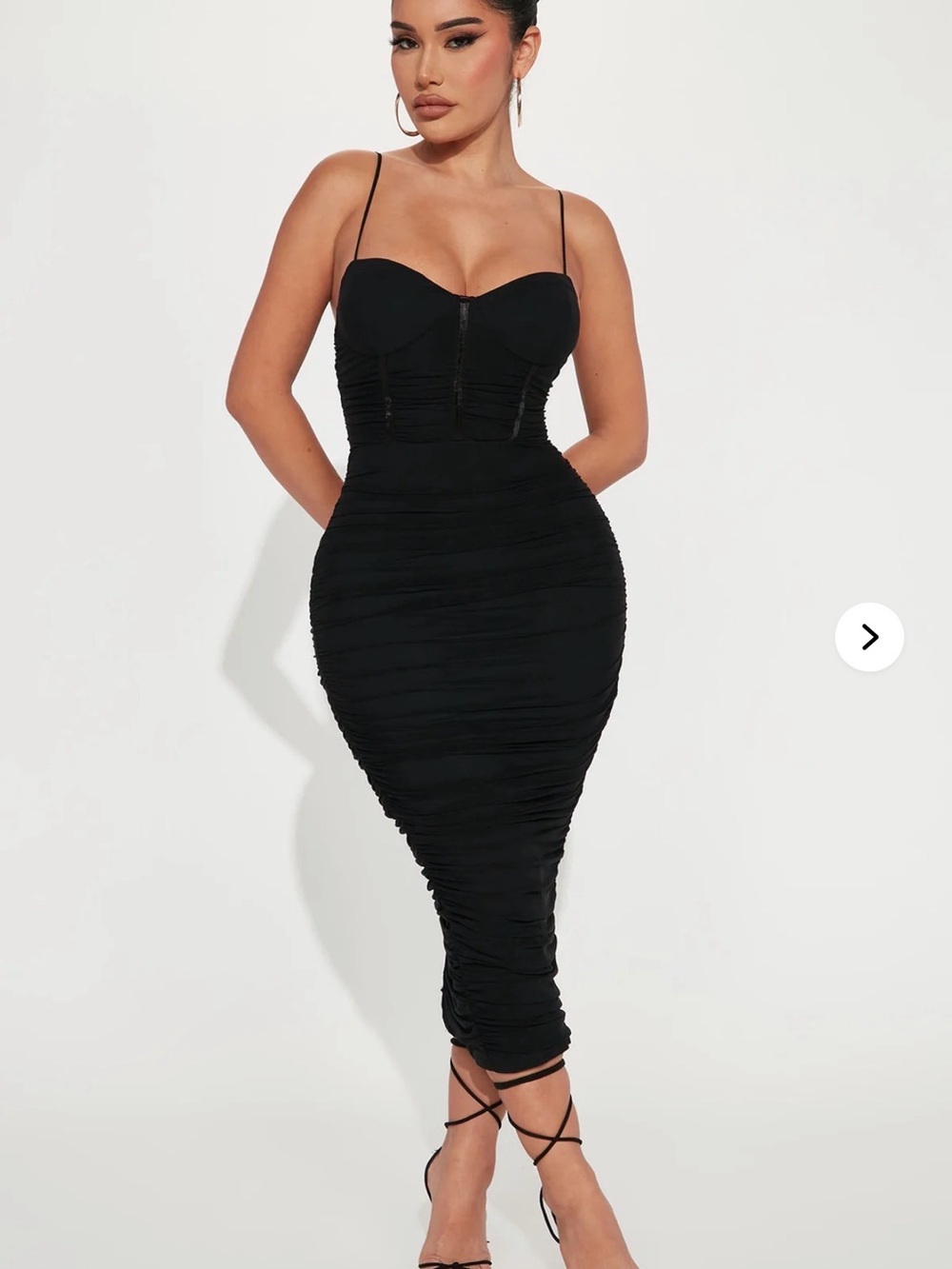 Fashion Nova Black Ruched Midi Dress with Spaghetti Straps